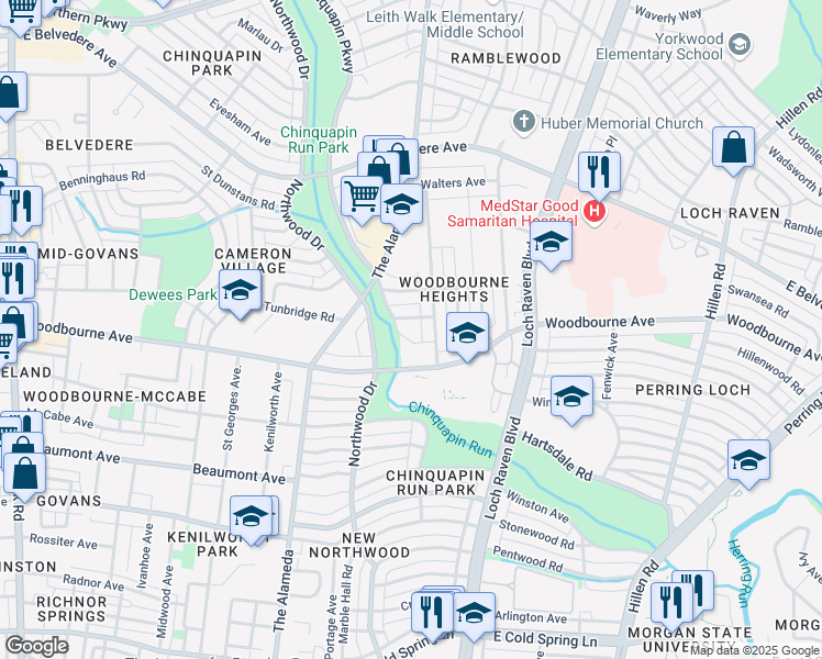 map of restaurants, bars, coffee shops, grocery stores, and more near 1205 Harwood Avenue in Baltimore
