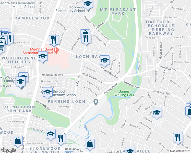 map of restaurants, bars, coffee shops, grocery stores, and more near 1918 Woodbourne Avenue in Baltimore