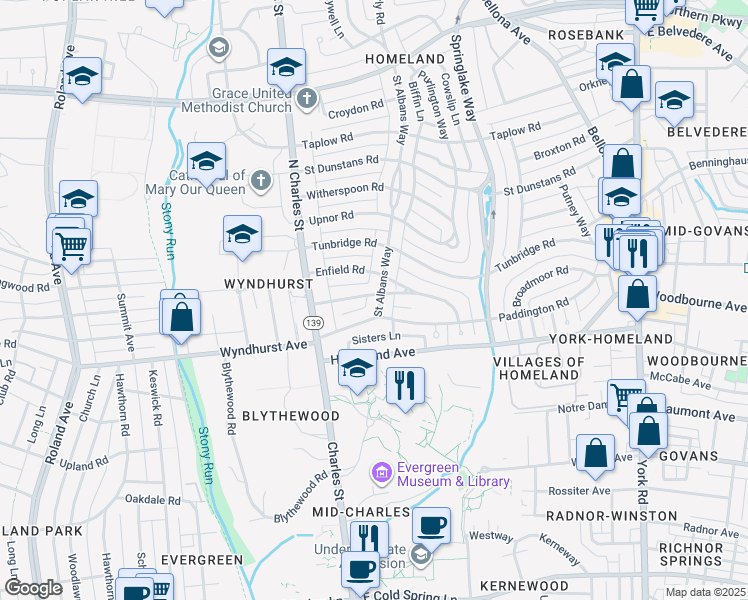 map of restaurants, bars, coffee shops, grocery stores, and more near 5004 Saint Albans Way in Baltimore