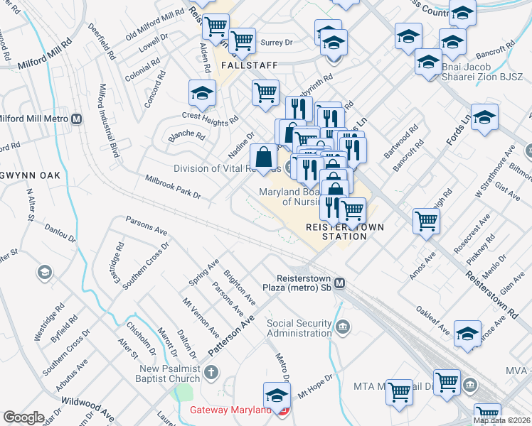 map of restaurants, bars, coffee shops, grocery stores, and more near 6610 Vincent Lane in Baltimore