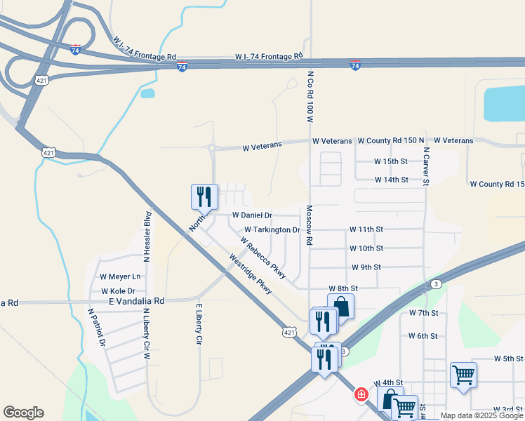 map of restaurants, bars, coffee shops, grocery stores, and more near 1412 West Daniel Drive in Greensburg