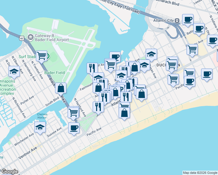 map of restaurants, bars, coffee shops, grocery stores, and more near 109 North Montpelier Avenue in Atlantic City
