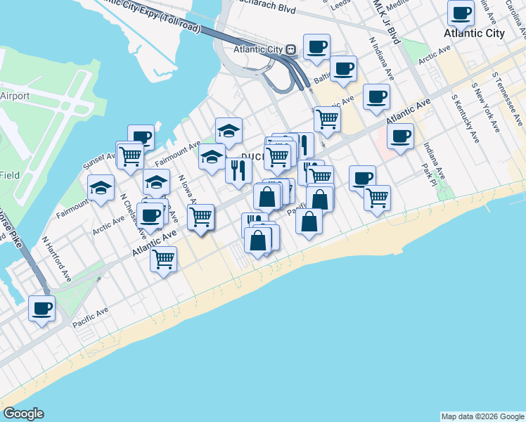 map of restaurants, bars, coffee shops, grocery stores, and more near in Atlantic City