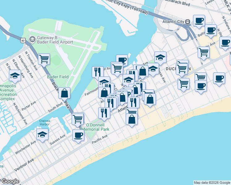 map of restaurants, bars, coffee shops, grocery stores, and more near 109 North Montpelier Avenue in Atlantic City