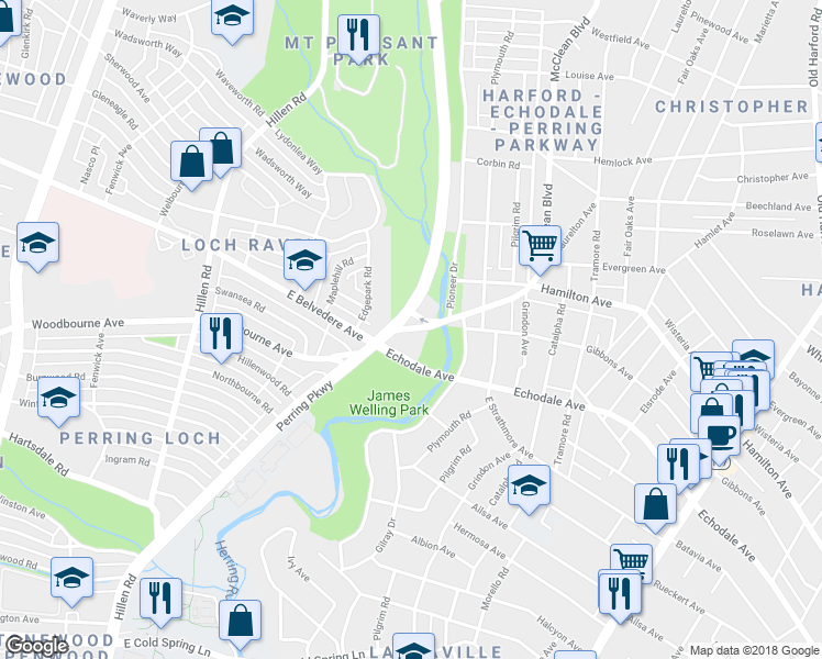 map of restaurants, bars, coffee shops, grocery stores, and more near 5601 Loch Raven Boulevard in Baltimore