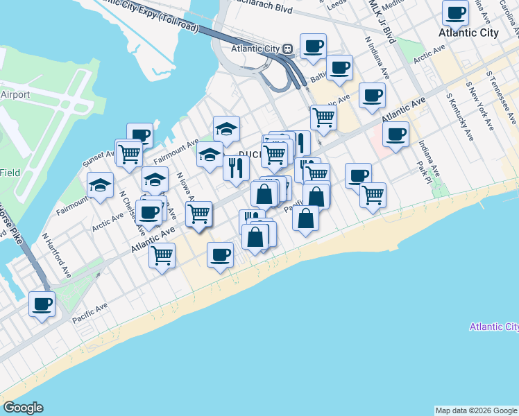 map of restaurants, bars, coffee shops, grocery stores, and more near in Atlantic City
