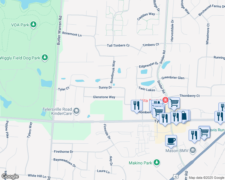 map of restaurants, bars, coffee shops, grocery stores, and more near 6505 Sunny Drive in Mason