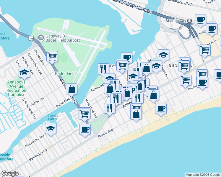 map of restaurants, bars, coffee shops, grocery stores, and more near 3223 Arctic Avenue in Atlantic City