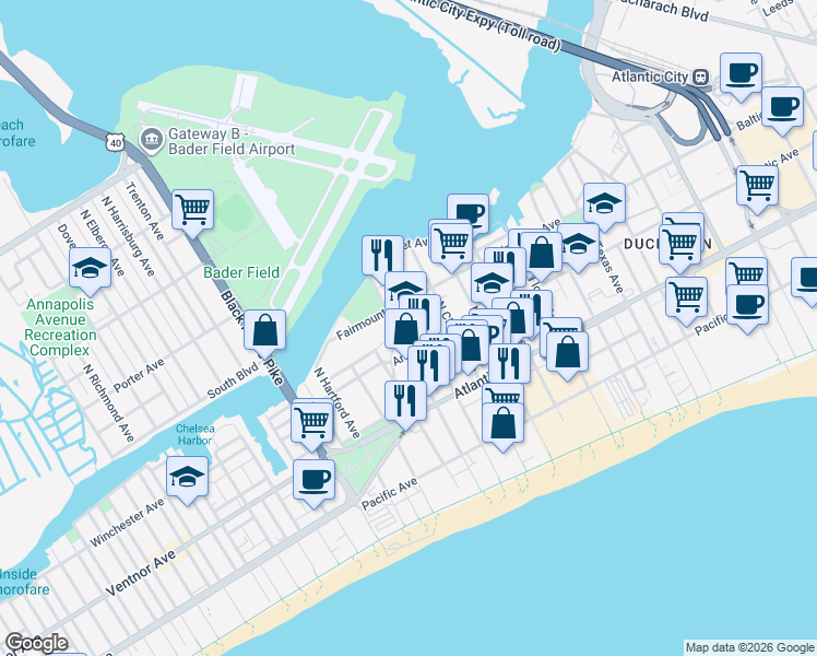 map of restaurants, bars, coffee shops, grocery stores, and more near 3223 Arctic Avenue in Atlantic City