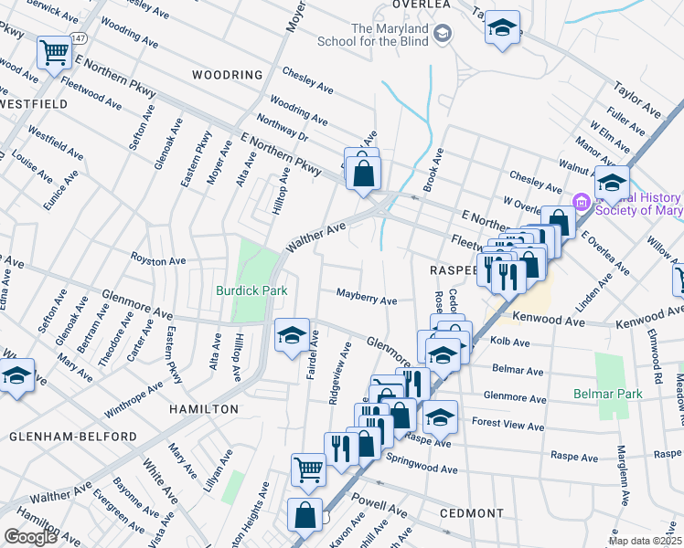 map of restaurants, bars, coffee shops, grocery stores, and more near 3809 Birchview Avenue in Baltimore
