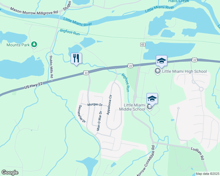 map of restaurants, bars, coffee shops, grocery stores, and more near 5139 Appaloosa Circle in Morrow
