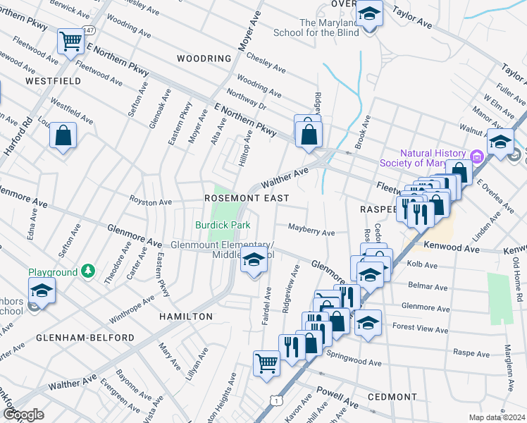 map of restaurants, bars, coffee shops, grocery stores, and more near 3712 Mayberry Avenue in Baltimore