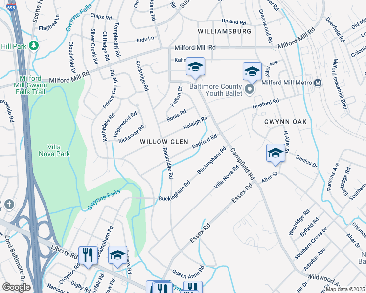 map of restaurants, bars, coffee shops, grocery stores, and more near 4112 Bedford Road in Pikesville