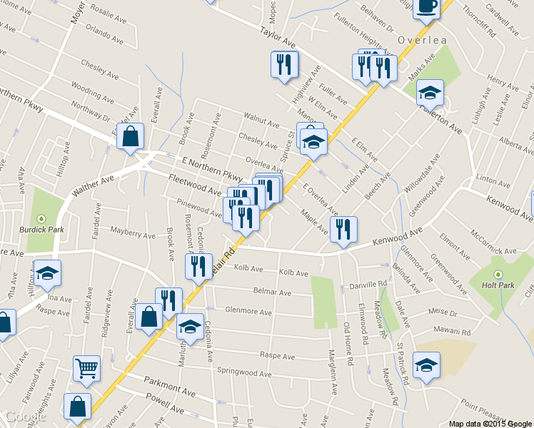 map of restaurants, bars, coffee shops, grocery stores, and more near 6663 Belair Road in Baltimore