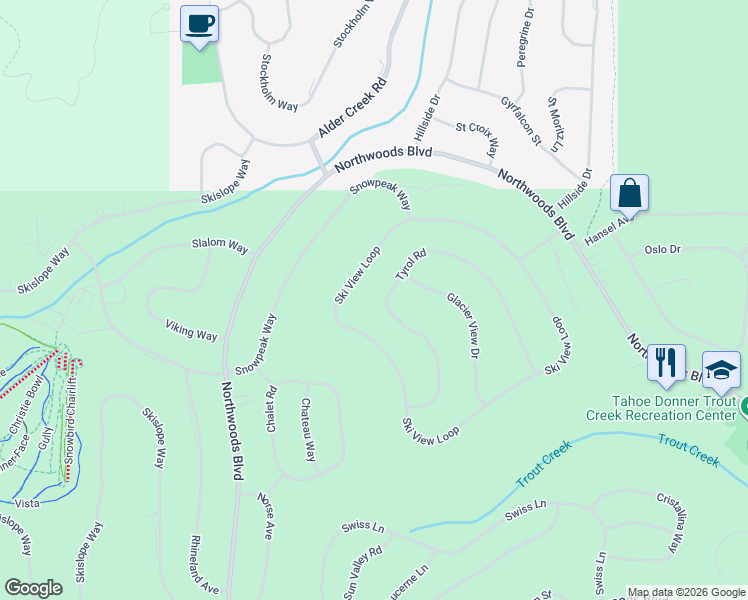 map of restaurants, bars, coffee shops, grocery stores, and more near 14478 Tyrol Road in Truckee