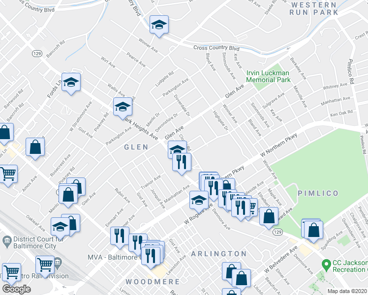 map of restaurants, bars, coffee shops, grocery stores, and more near 5806 Clover Road in Baltimore