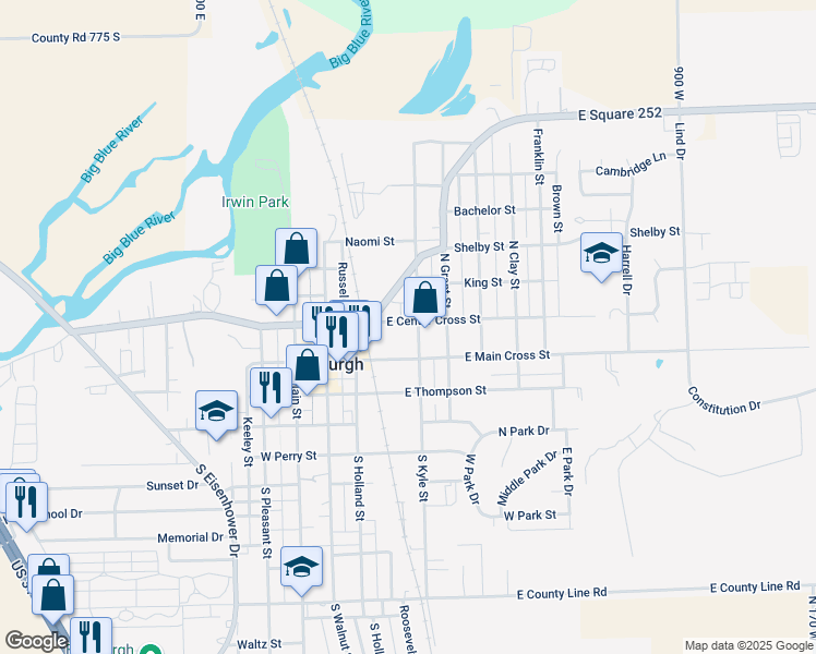 map of restaurants, bars, coffee shops, grocery stores, and more near 304 East Center Cross Street in Edinburgh