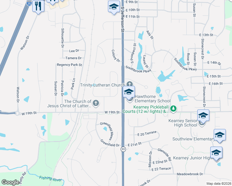 map of restaurants, bars, coffee shops, grocery stores, and more near 1715 Cambridge Cir in Kearney