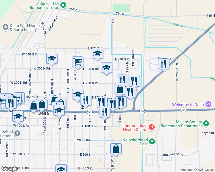 map of restaurants, bars, coffee shops, grocery stores, and more near 186 North 300 East Road in Delta