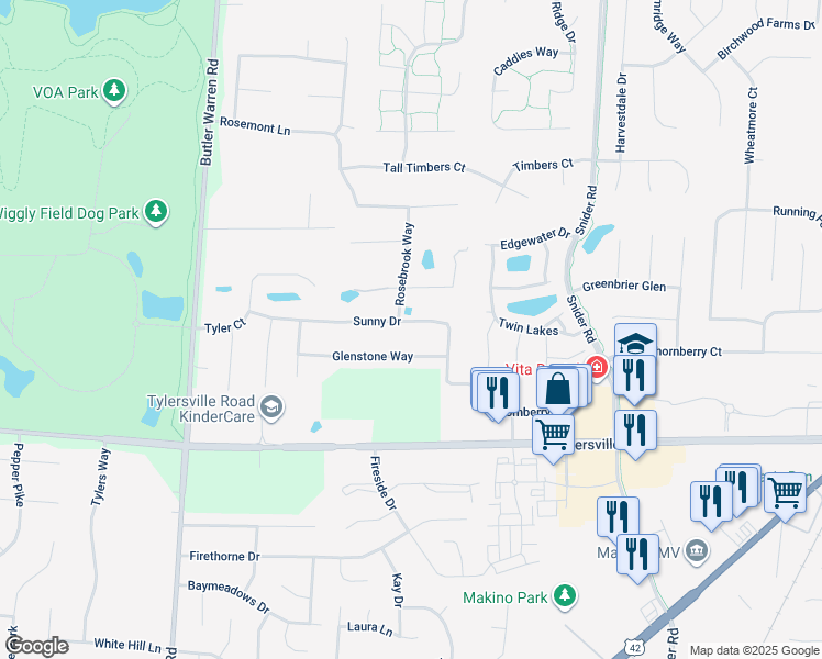 map of restaurants, bars, coffee shops, grocery stores, and more near 6505 Sunny Drive in Mason
