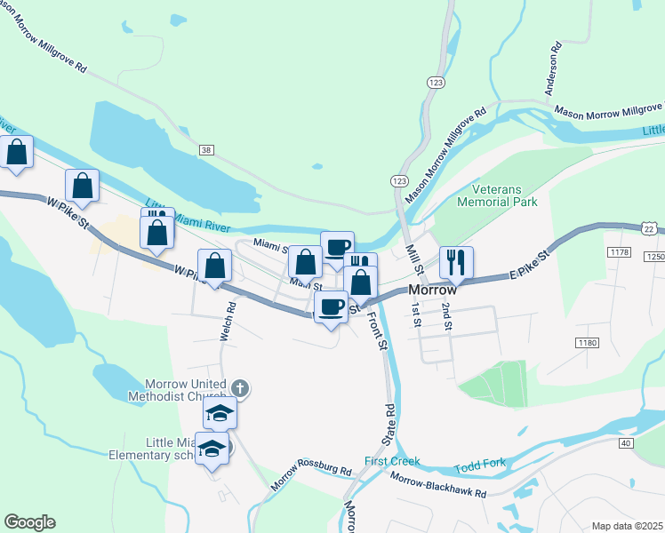 map of restaurants, bars, coffee shops, grocery stores, and more near 206 Miranda Street in Morrow