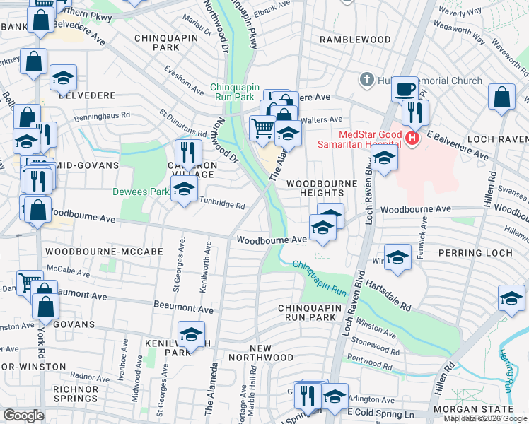 map of restaurants, bars, coffee shops, grocery stores, and more near 5428 Northwood Drive in Baltimore