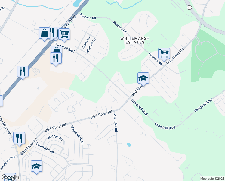 map of restaurants, bars, coffee shops, grocery stores, and more near 23 Granny Smith Court in Middle River