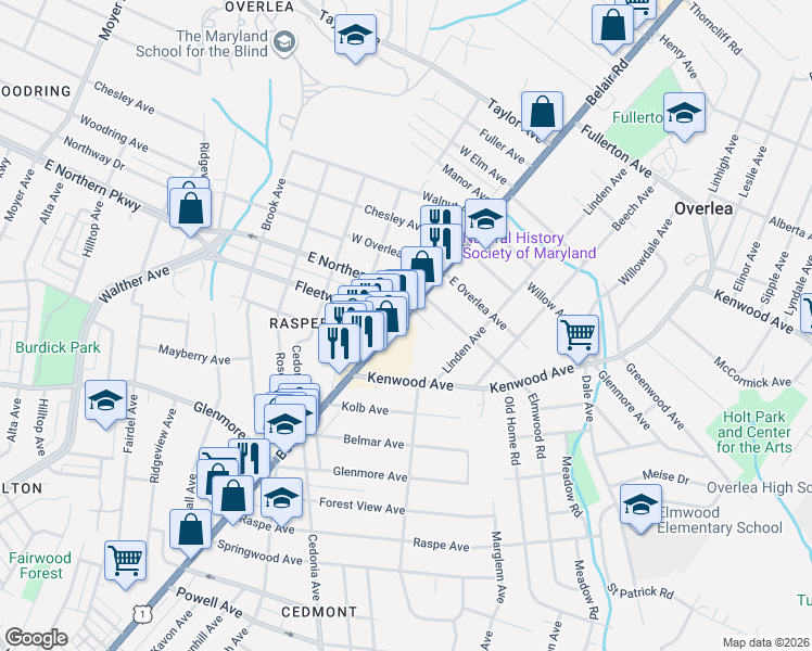 map of restaurants, bars, coffee shops, grocery stores, and more near 6701 Belair Road in Baltimore