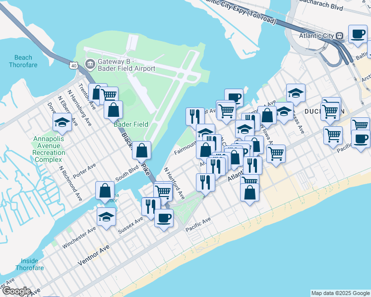 map of restaurants, bars, coffee shops, grocery stores, and more near 3310 Fairmount Avenue in Atlantic City