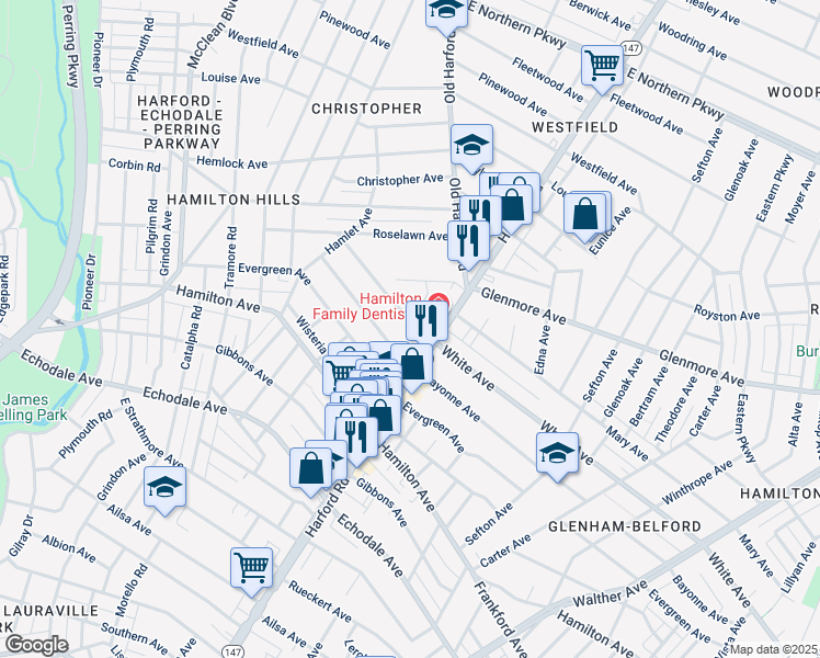 map of restaurants, bars, coffee shops, grocery stores, and more near 2915 White Avenue in Baltimore