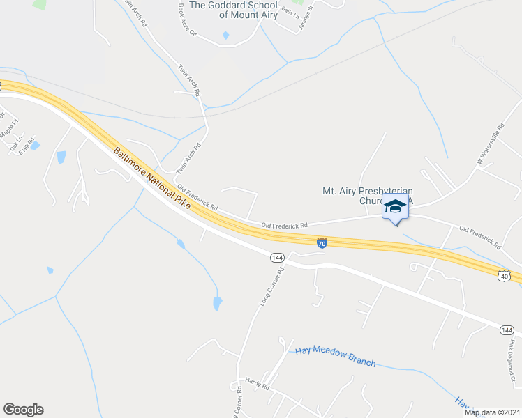 map of restaurants, bars, coffee shops, grocery stores, and more near 17780 Old Frederick Road in Mount Airy