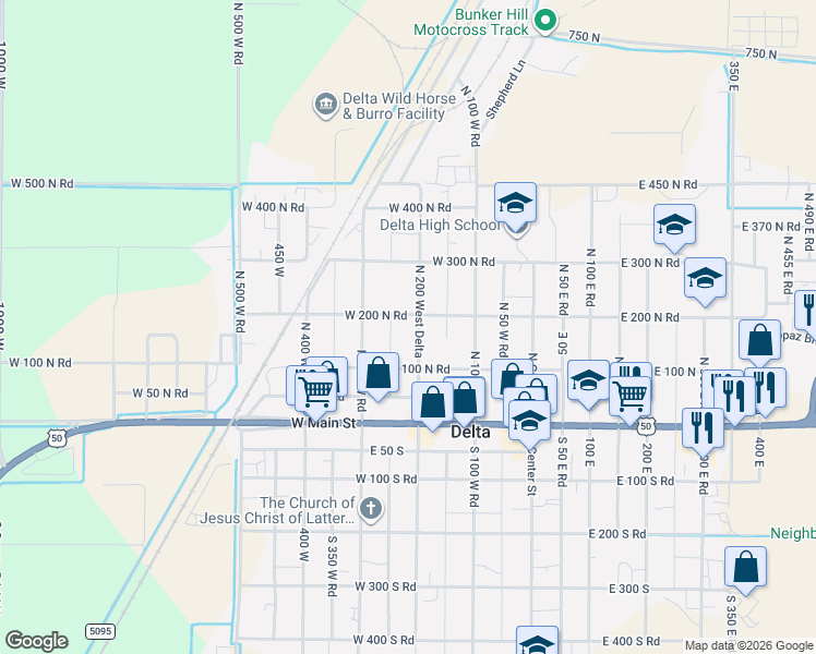 map of restaurants, bars, coffee shops, grocery stores, and more near 185 North 200 West Road in Delta