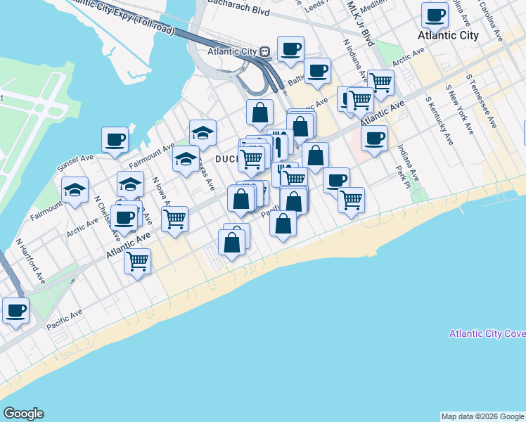 map of restaurants, bars, coffee shops, grocery stores, and more near 2415 Pacific Avenue in Atlantic City