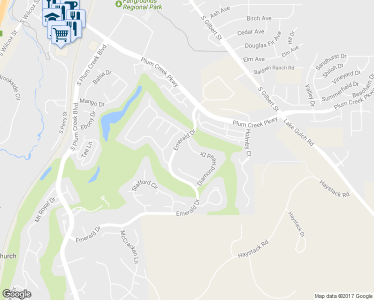 map of restaurants, bars, coffee shops, grocery stores, and more near 1621 Diamond Head Drive in Castle Rock