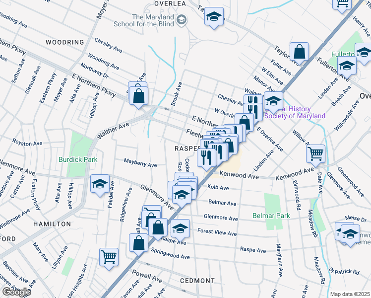 map of restaurants, bars, coffee shops, grocery stores, and more near 3905 Pinewood Avenue in Baltimore