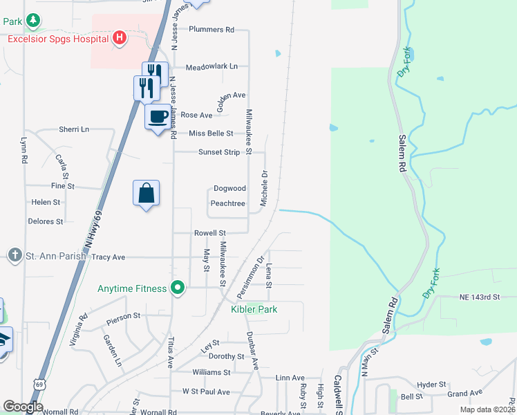 map of restaurants, bars, coffee shops, grocery stores, and more near 1202 Michele Drive in Excelsior Springs