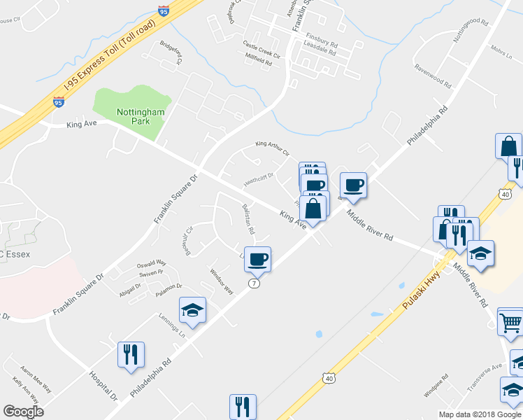 map of restaurants, bars, coffee shops, grocery stores, and more near 5401 King Avenue in Rosedale