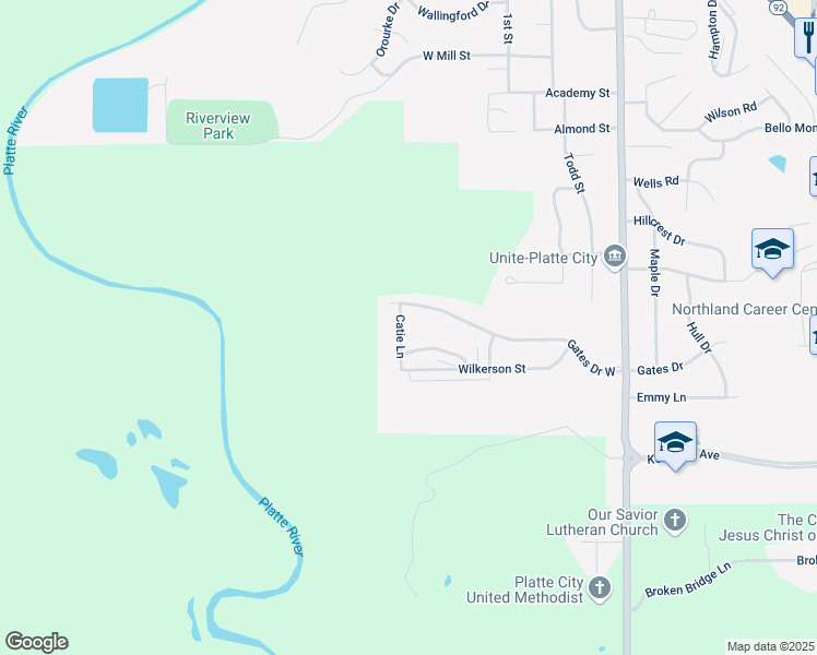 map of restaurants, bars, coffee shops, grocery stores, and more near 2105 Catie Lane in Platte City