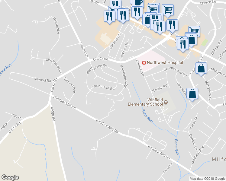 map of restaurants, bars, coffee shops, grocery stores, and more near 3225 Greenmead Road in Milford Mill