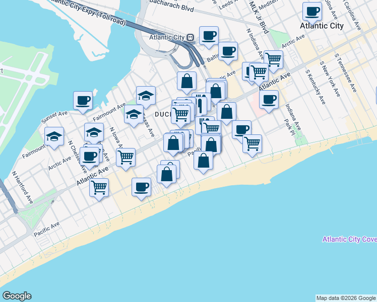 map of restaurants, bars, coffee shops, grocery stores, and more near 2415 Pacific Avenue in Atlantic City
