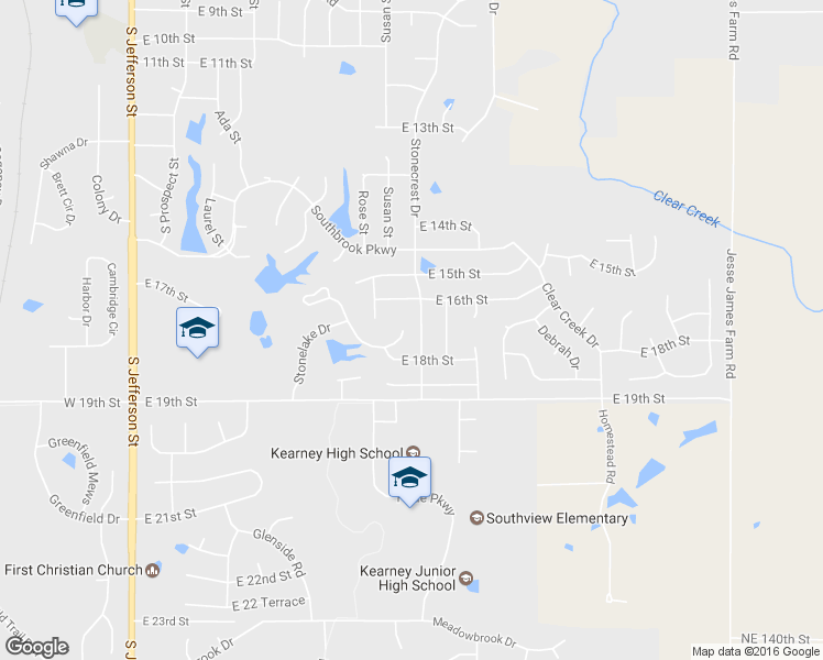 map of restaurants, bars, coffee shops, grocery stores, and more near 1705 Rockwater Lane in Kearney