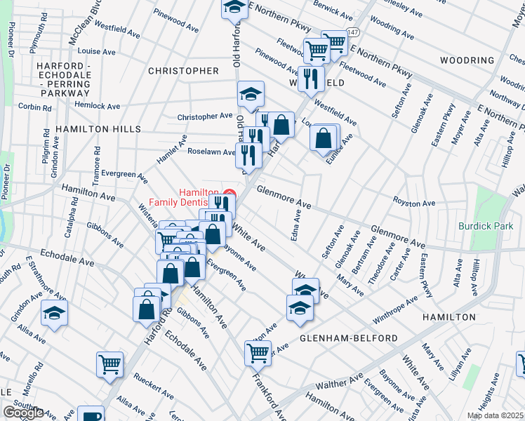 map of restaurants, bars, coffee shops, grocery stores, and more near 3010 Mary Avenue in Baltimore