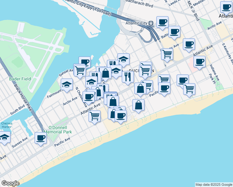 map of restaurants, bars, coffee shops, grocery stores, and more near 2711 Atlantic Avenue in Atlantic City