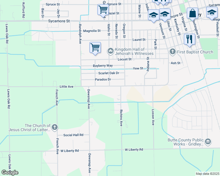 map of restaurants, bars, coffee shops, grocery stores, and more near 383 Little Avenue in Gridley