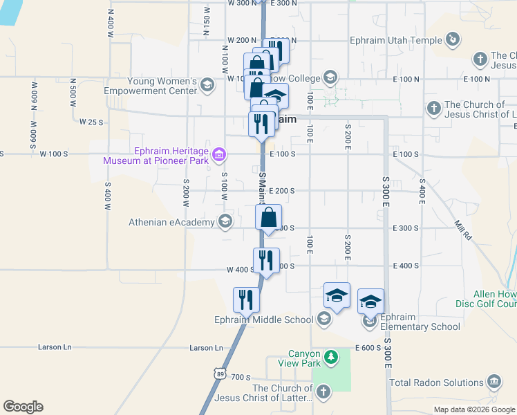 map of restaurants, bars, coffee shops, grocery stores, and more near 244 South Main Street in Ephraim