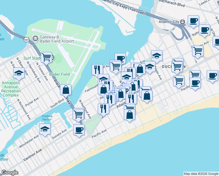 map of restaurants, bars, coffee shops, grocery stores, and more near 109 North Montpelier Avenue in Atlantic City