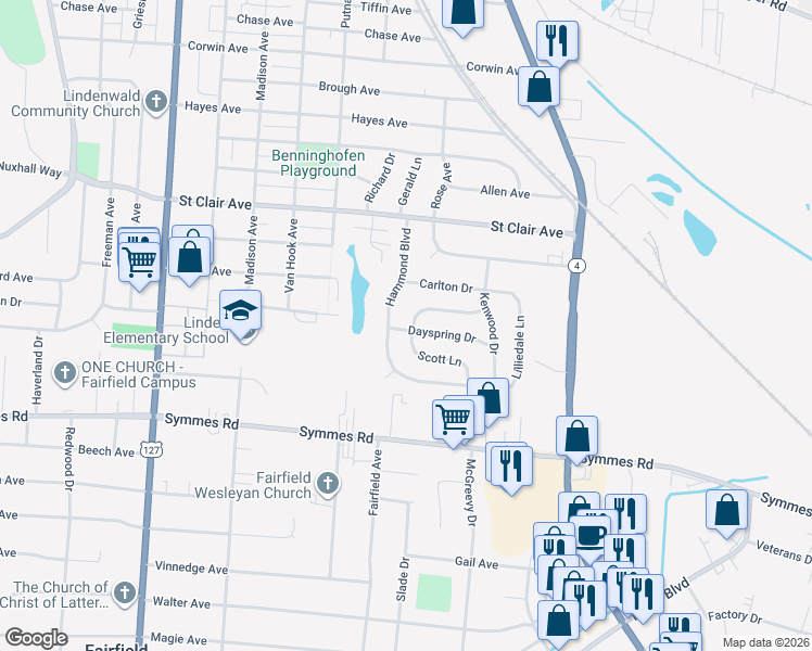 map of restaurants, bars, coffee shops, grocery stores, and more near 12 Dayspring Drive in Hamilton