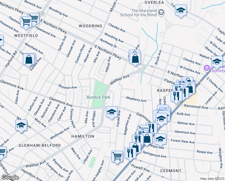 map of restaurants, bars, coffee shops, grocery stores, and more near 3714 Mayberry Avenue in Baltimore
