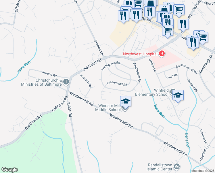 map of restaurants, bars, coffee shops, grocery stores, and more near 3200 Southgreen Rd in Milford Mill