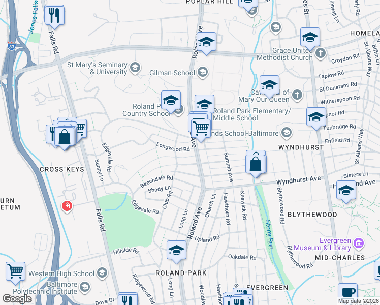 map of restaurants, bars, coffee shops, grocery stores, and more near 3 Longwood Road in Baltimore